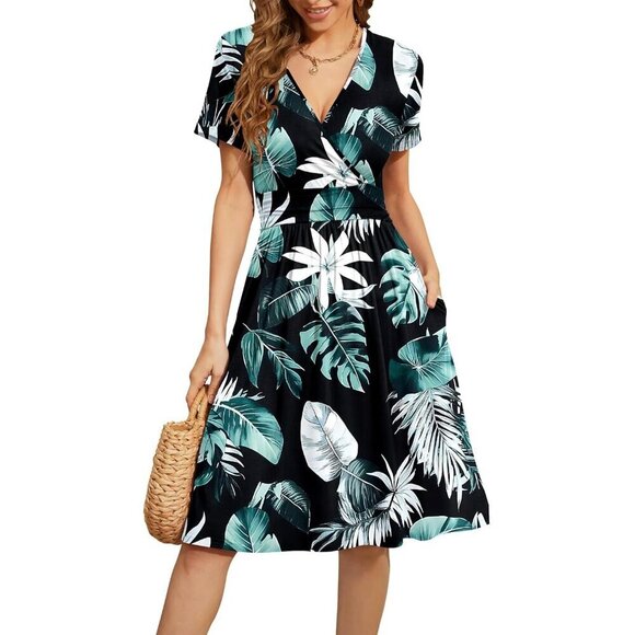 Dresses & Skirts - WomenGrbananaleaves Short Sleeve V-Neck Floral Stretchy Party Dress with Pockets
